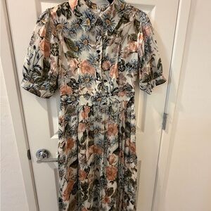 Ivy City Co Cream Midi Dress with Peach and Olive Floral